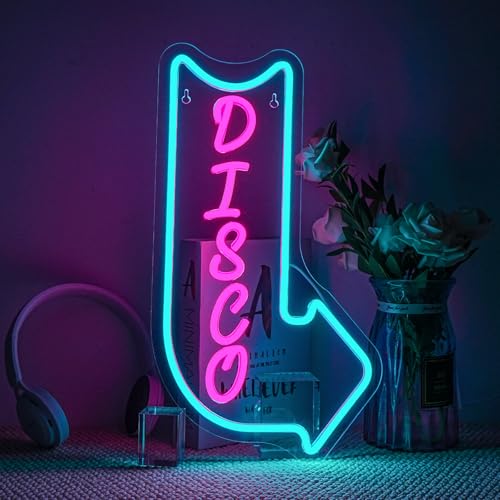 Image of Looklight Disco Neon Signs for Wall Decor Pink Blue LED Word Light Sign Right-Pointing Arrow Neon Light USB Light Up Letters Sign for Disco Lover Music Bar Music Studio Rec Room Bedroom Party Decor