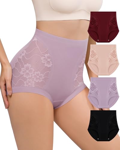 Women's High Waisted Lace Underwear Full Coverage Nylon Panties Soft Breathable Sexy Ladies Briefs 4-Pack S-XXL