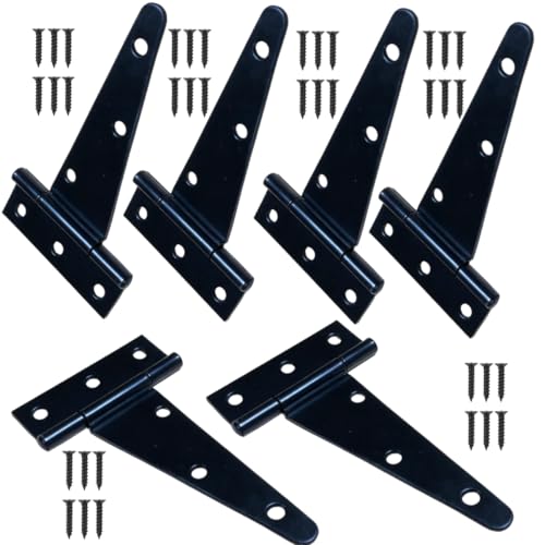 5 Inch Heavy Duty Door Hinges, 6 Pack Black Hinges T Strap Hinges, True 2.0mm Thick Reinforced Steel, Complete Screws Included, Shed Door Hinges & Gate Hinges for Wood and Metal Doors, Outdoor Use