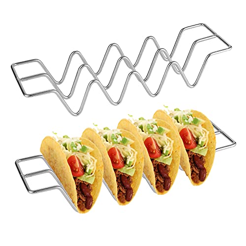 Taco Halter Ständer, 2 Stücke Taco Halter Edelstahl, Mexikanisches Lebensmittelregal, Taco Tabletts, mit Griffen, kann 3 oder 4 Tacos aufnehmen, für Restaurant, Zuhause, Party, Picknick (Silber)