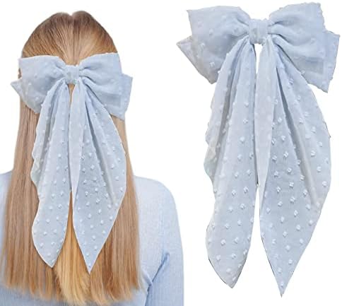 8 Inch Large Blue Hair Bow - Butterfly Knot with Long Tail, Metal & Fabric - Women's Fashion Hair Accessory, Large Hair Bows for Women Girls, Hair Bow Barrette Clip for Casual & Formal Events - 1 Pcs ( Blue)