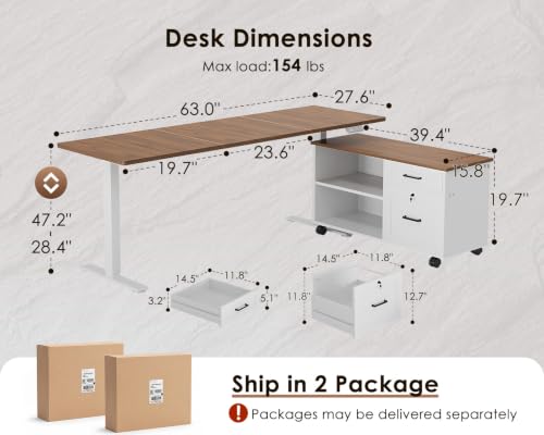 Image of OffiGo 63 inch L Shaped Electric Standing Desk with Cabinet Sets, Walnut /White | Mobile Drawers & File Cabinet Sets for Flexible Layout, Height Adjustable Executive Stand Up Desk for Home Office Workstation