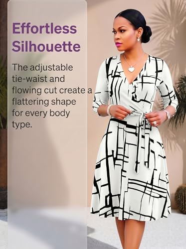 Image of Womens Plus Size Summer Dresses Sexy V Neck Midi Dress Faux Wrap Dress 3 /4 Sleeve Boho Casual Floral A-Line Skirts