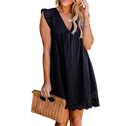 AELSON Women's Sexy Summer V Neck Dress with Short Loose Ruffle Sleeve California Romper Dress Medium Black
