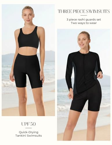 Image of JACK SMITH Women's 3 Piece Long Sleeve Rash Guard Swimsuits Zip Front Bathing Suit Tankini Swimsuits UPF 50