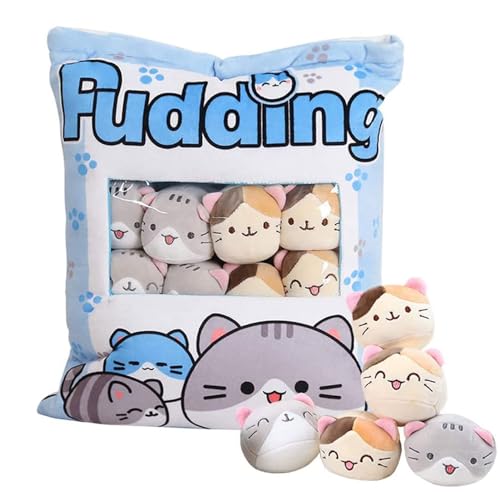 Image of HXPLN Cute Snack Pillow, Kawaii Pudding Plush Pillow & Stufed Toys - Removable, Gift for Teenagers, Girls & Children (8 Blue Kittens)