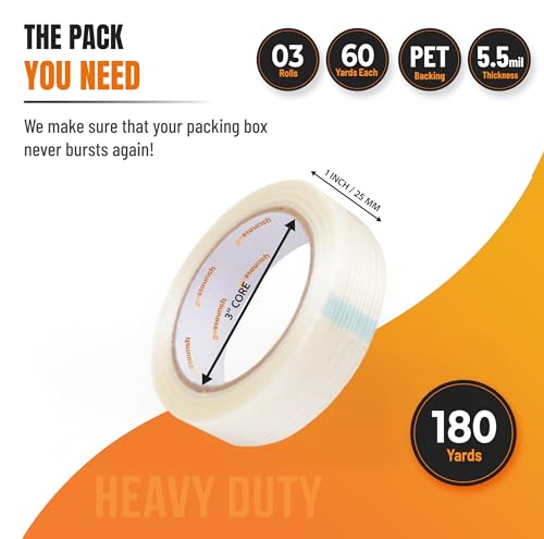 Image of Filament Strapping Tape (1 inch x 60 yds, Pack of 3) Transparent 5.5mil Reinforced Fiberglass Tape - Synthetic PET Adhesive Heavy Duty
