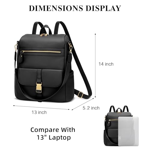 Image of KKXIU Backpack Purse for Women - Multi-pocket Leather backpack for Travel, Work & School with Anti-Theft Lock Pocket, Luggage Strap & Water Bottle Pockets - 13x14x5.2 Inch, 1.67lb (Black)
