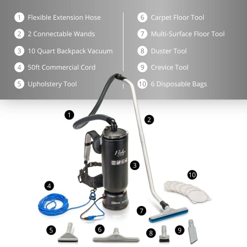 Prolux 10 Quart Commercial Backpack Vacuum With Premium 1.5-Inch Attachments, Hepa Air Filtration, Deep Cleaning For All Floor Surfaces #TOP5