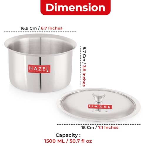 Image of HAZEL Stainless Steel Patila with Lid Cooking Vessel, 1500ml | Mirror Finish Cooking Pot | Durable Induction & Gas Compatible Bhagona /Tope for Boiling Milk, Tea, and Cooking | Silver