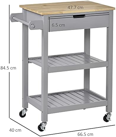 HOMCOM Kitchen Trolley Utility Cart on Wheels with Rubberwood Worktop, Towel Rack, Storage Shelves & Drawer for Dining Room, Grey
