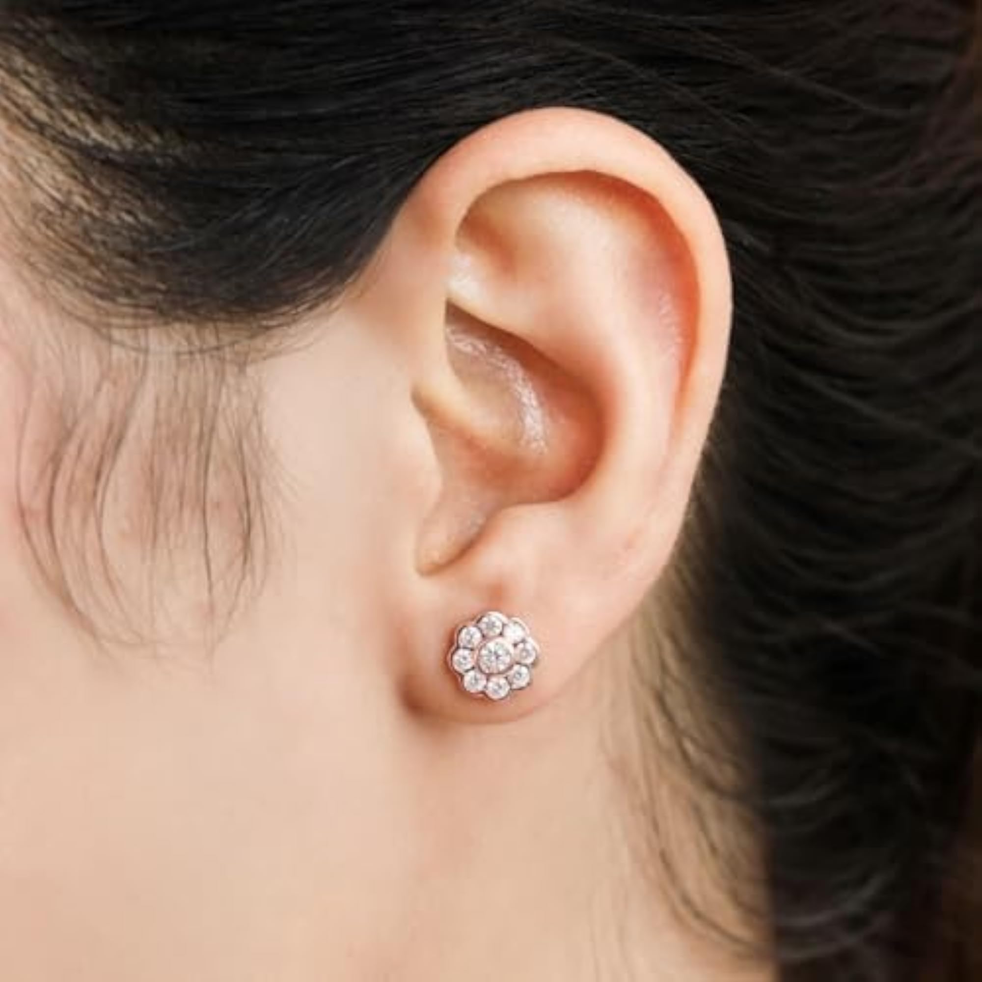 925 Silver CZ Floral Rose Stud Earrings Hallmark