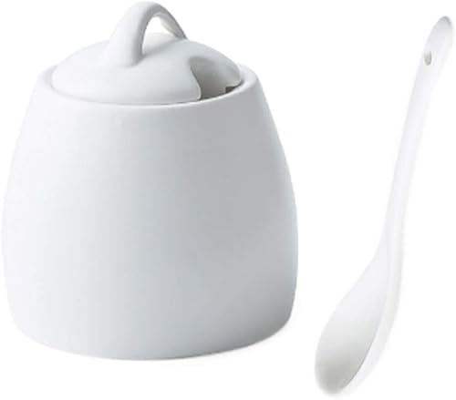 123Arts White Ceramics Azúcar Condimento Pot con tapa y cuchara para servir azúcar