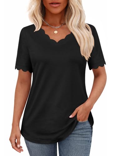 Summer Tops for Women 2026 Black Scalloped V Neck Short Sleeve Casual Dressy Top Curved Hem Loose Fit Lightweight Breathable Everyday Outfit X-Larege