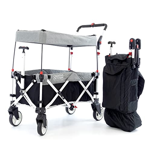 Image of Creative Outdoors Push Pull Ultra Compact Folding Stroller Wagon with Canopy for Camping, Beach, Park, Sporting Events, Supports up to 150lbs, Gray/Black