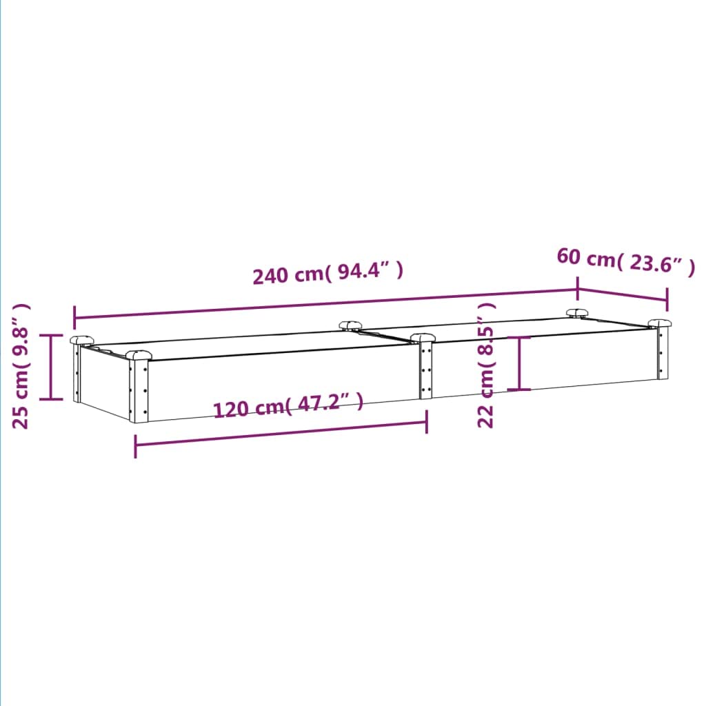 Fioriera Rialzata da Giardino 240x60x25 cm in Legno di Abete | Vasca per orto e fiori con fodera protettiva e fondo aperto per il drenaggio nel giardino o sul terrazzo.