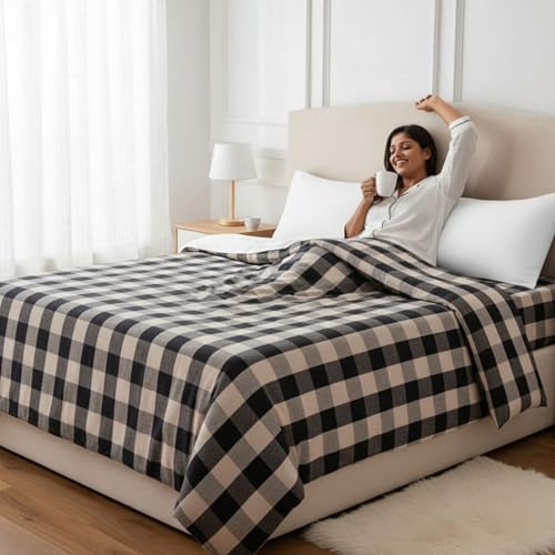 Image of Hornbill Enterprises 100% Pure Cotton Blanket /Single Size Solapur Cotton Chaddar /Bedsheet /Reversible Blanket for Daily use (60x90 inches) Set of 1 (Sandal Black)
