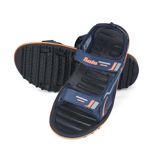 Image of Bata Men's Sports Sandals, Dual Velcro Strap, Textured Sole (NAVY /ORANGE, UK Footwear Size System, Adult, Men, Numeric, Medium, 9)