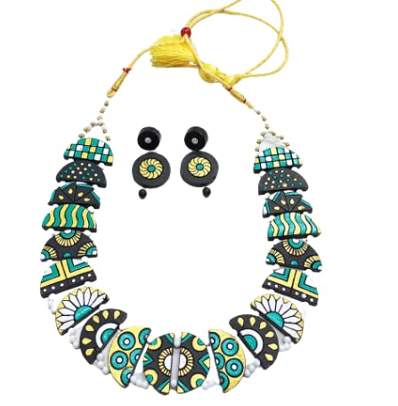 AKIBUKI Multicoloured Indian Traditional Terracotta Necklace and Earring Jewellery Set for Women (Sea Green) (B0B422FSRD) Amazon Price History, Amazon Price Tracker