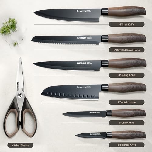 Image of Astercook Knife Set, 13-Piece Kitchen Knives Set with 6 Blade Guards, Black Anti-Rust & Non-Stick Coating, Dishwasher Safe Stainless Steel Knives, Ergonomic Handle, Perfect for Holiday Gifts