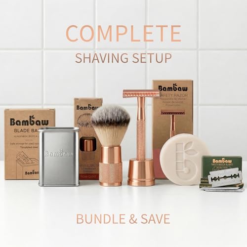 Image of Bambaw Double Edge Safety Razor with Stand, Women Razor with 5 Double Edge Safety Razor Blades, Plastic Free Metal Razor - Rose Gold