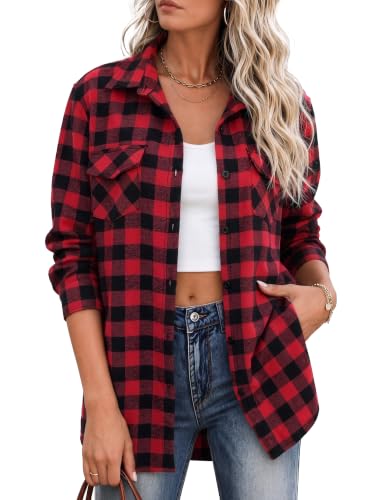 Image of Zeagoo Flannel Shirt Women Plaid Button Down Shackets Long Sleeve Fall Tops