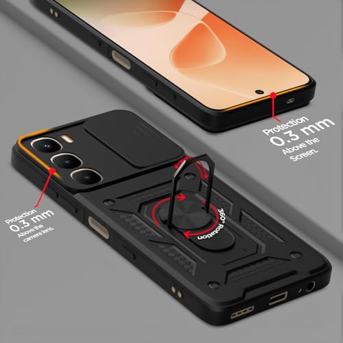Image of Pikkme Back Cover for Infinix Hot 60 5G | 360 Protection Case | Sliding Camera Shield Cover & Ring Holder Stand D10 Tough Armor Bumper Case (Black)
