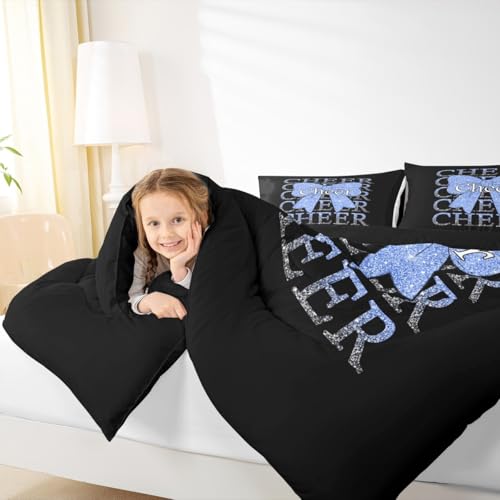 Image of Feelyou Cheer Bow Bedding Set Soft for Boys Girls, Cheerleader Comforter Set Toddler Size Funny Sport Duvet Quilt Microfiber Blue Bedroom Decor 2 Pcs with 1 Pillow Cases