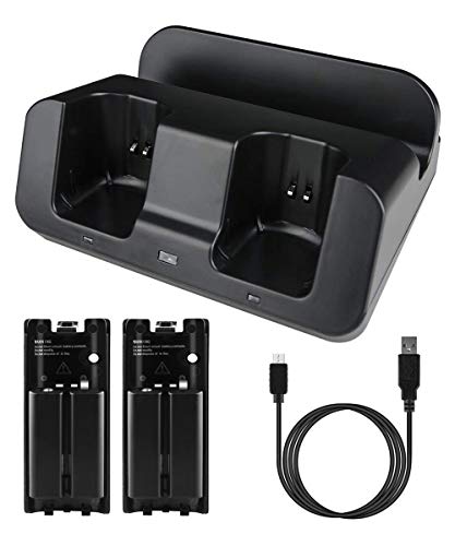 Wii U Charger, Wii Charging Station Wii Dock Stand for Wii Remote & Wii U Gamepad, 2pcs 2800mAh Batteries & Charging Cord -Black
