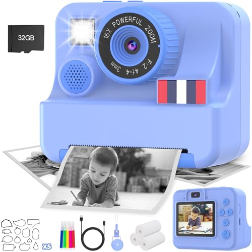Yosfeng Instant Print Camera for Kids - Christmas Birthday Boys Gifts for Age 3 4 5 6 7 8 9 10 Year Old, 2.4 Inch Screen Kids Instant Camera, Kid Digital Video Cameras Girl Toys with 32 GB SD Card