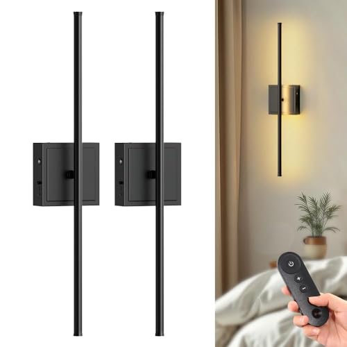 Image of DORESshop Battery Operated Wall Sconces Set of 2, Dimmable Battery Wall Sconce with Remote Control, Black 350Rotate Rechargeable Sconces, 23.7 Inch Wireless Wall Lights for Bedroom, Living Room