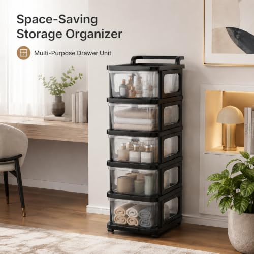 Image of Heavy Duty Plastic Storage Drawer with Wheels | Modular Cabinet for Bedroom, Office, Home or Classroom| Chest of Drawers Organiser for Cosmetics, Kitchen items, Toys (Transparent, 5)