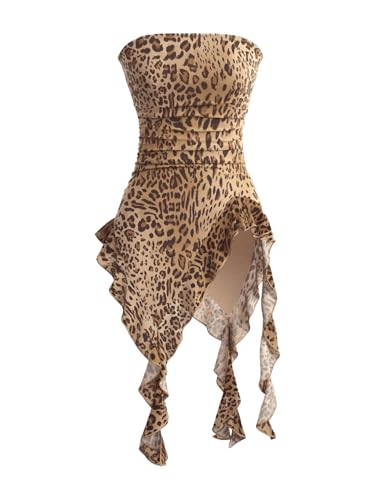 SOLY HUX Women's Y2k Leopard Print Bandeau Tube Top Sheer Mesh Irregular Ruffle Trim Fitted Tops