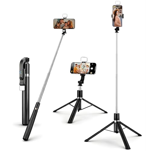 Selfie Stick Tripod with Light, 67 inch /170CM Reinforced Tripod for Mobile Phone, Multi-Functional Bluetooth Long Selfie Stick for Travel,Vlogging,Co