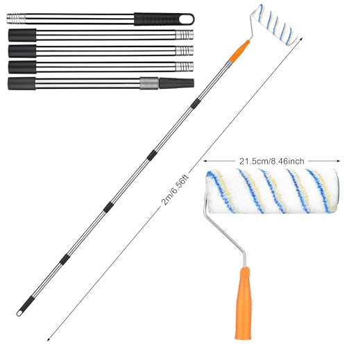 JIZZU Langer Farbroller, ausziehbar, 200 cm, Schwamm lange Rollen zum Malen mit 5 abnehmbaren Edelstahlstangen, multifunktionales langes Haushalts-Wandmalwerkzeug für Wände und Decken