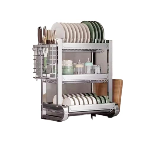 KuBenステンレス製食器水切りラック 2/3 段式 大容量コンパクト シンク上/調理台用 自動排水 + トレー付 滑り止め 箸・まな板・鍋蓋収納対応 台所用品ホルダ (標準バージョン,26.5x43x51cm)