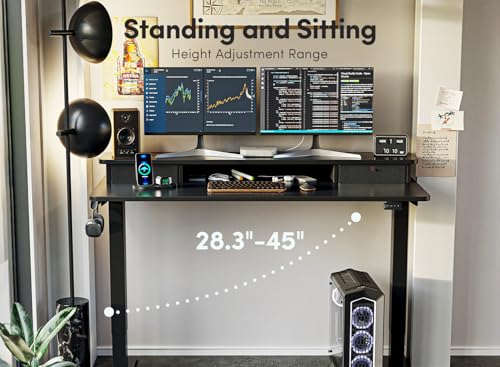 Image of FEZIBO Height Adjustable Electric Standing Desk with Double Drawer, 140 * 60cm Stand Up Table with Storage Shelf, Sit Stand Desk with Splice Board, Black Frame /Black Top