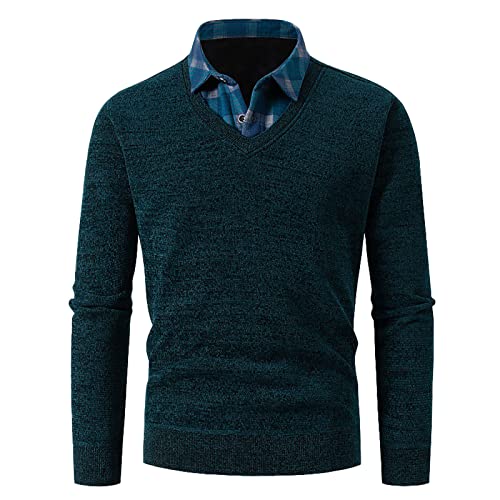 Mens Sweater Fake Two Pieces Shirt Collar, Slim Fit Lightweight Sweatshirts Knitted Pullover for Casual/Dressy Wear