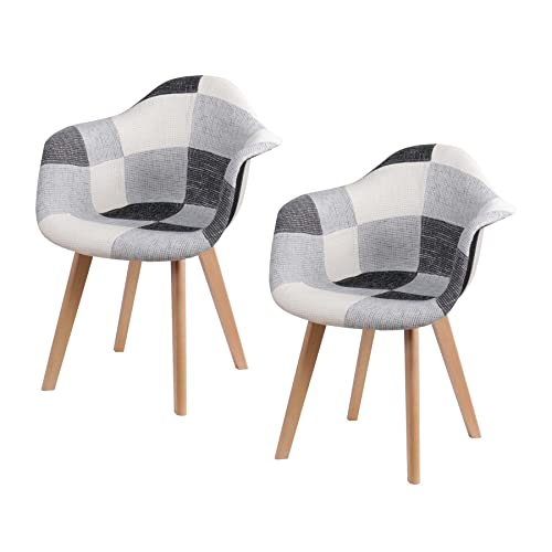 GrandCA HOME Lot de 2 Ffauteuils Patchwork Scandinaves avec Pieds en Bois de Hêtre Massif et Assise en Polyester Rembourré Multicolore, Noir+Blanc