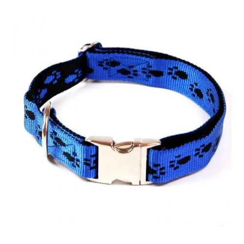 Hundehalsband, Alu-Max®, Soft Nylon, Blau, Schwarze Pfötchen, 55-90cm, 25mm, mit Zugentlastung