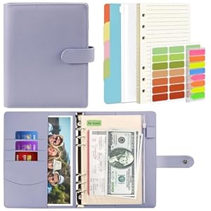 Mlife A5 Notebook Binder Set - 6 Ring PU Leather Planner, 5 PCS File Divider, 45 Sheets A5 Loose Leaf Paper, Label Stickers, Index Tabs and Clear Cash Envelopes, Personal Organizer Binder（Purple）