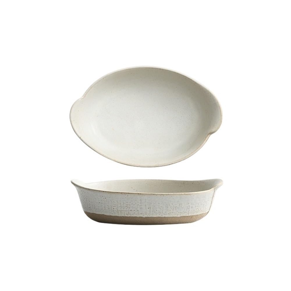OLSKFUH Kitchen 500Ml Ceramic Double Ear Japanese Retro Cheese Baked Rice Plate Creative Salad Bowl Home Rectangular Coarse Utensils Cooking,Bruin