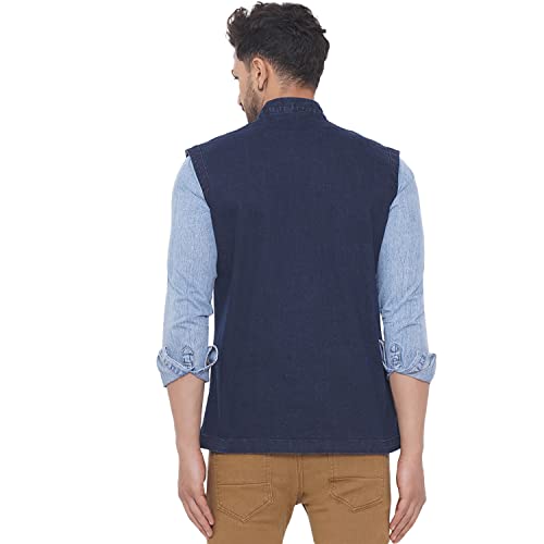 Image of JOHN PRIDE Men Regular Size Solid Navy Blue Denim Nehru Jacket (JPRNJ14003 Navy Blue)