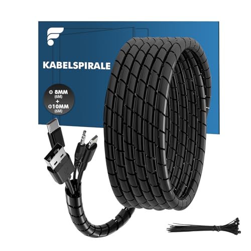 shinfly Kabelschlauch Set – 2×6 m Spiralschlauch (Ø 8 mm & 10 mm), Flexible Kabelschutzschlauch für Kabelführung & Organisation, inklusive 10 Kabelbinder, Schwarz
