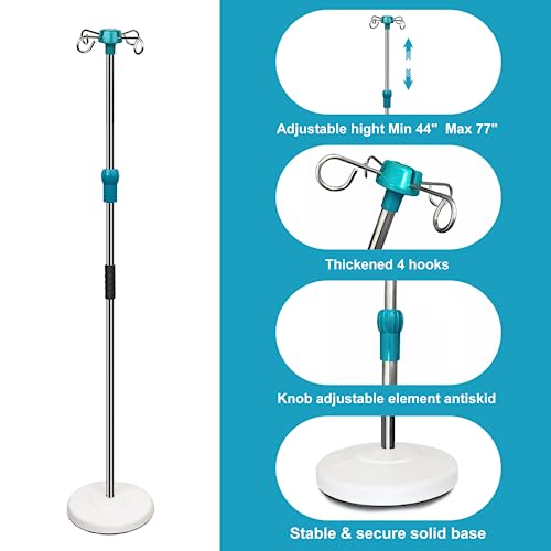 Heavy Duty Solid Base IV Pole Stand with 4 Hooks,Adjustable Height 44”to77” Portable Medical Pole iv Stand,IV Bag Stand with Removable IV Bag Holder, Removable Top iv Pole for Home,Hospital,Clinic