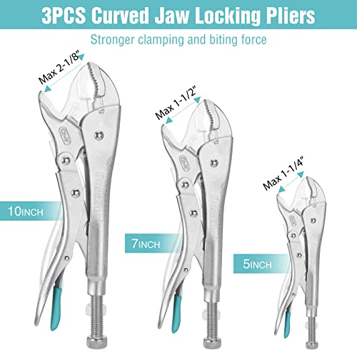 Duratech 6-Piece Cr-V Locking Pliers Set, 6-1/2”, 9-1/2” Long Nose Locking Pliers, 5”, 7” And 10” Curved Jaw Locking Pliers, 6” C-Clamp Locking Pliers, Fast Release With Oxford Rolling Pouch #TOP2