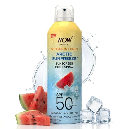 Image of WOW Skin Science Watermelon + Omega Arctic Sunfreeze Sunscreen Spray | SPF 50 PA++++ | -7C Cooling Effect | UV Rays + Pollution Defense | Lightweight, Non-Greasy & Invisible Finish | 100ml