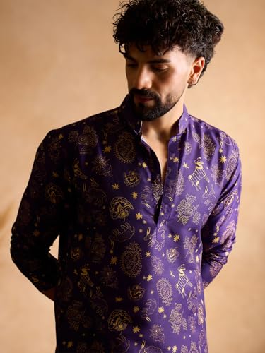 Image of Amazon Brand - Tavasya Men Silk Blend Ethnic Motif Printed Embellished Long Kurta | Regular Fit | Ethnic Wear | Full Sleeve