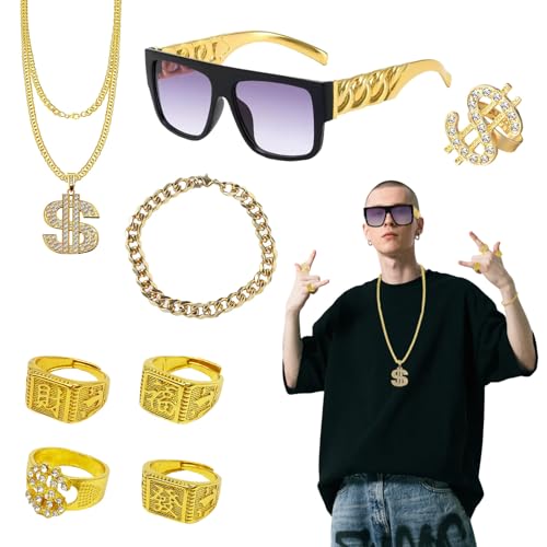 FUIPVGI 8 Pièces Costume de Proxénète, Costume Hip-Hop Années 80 90, Déguisement Rappeur, Hip Hop Chaîne en Gangster Gang Lunettes de Soleil Chaîne, pour Carnaval et Fête à Thème, Concerts de Rap (Or)