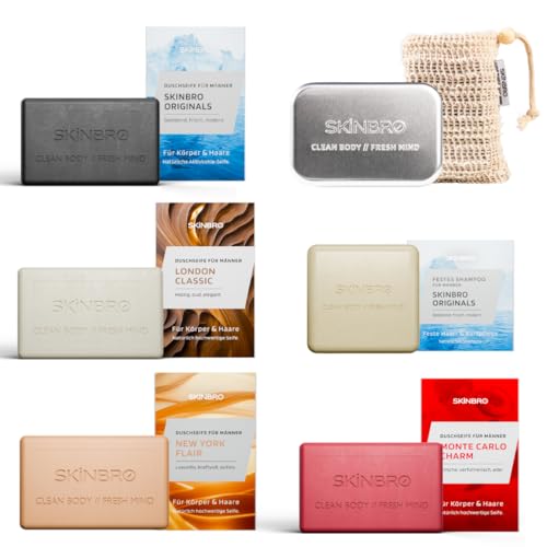 SKINBRO Probierset Männer 4 festen Duschseifen & festen Shampoo Aufbewahrungsbox & Sisalsäckchen Vegan & Nachhaltig Perfektes Geschenkset für Männer - Nachhaltige Duschseife für Haar & Körper
